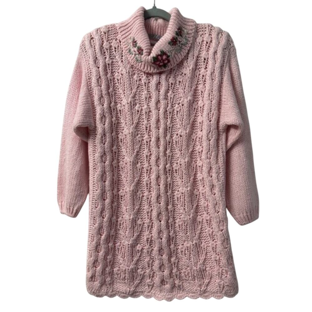 Vintage Bobbie Brooks Pink Cowl Neck Sweater hand knit medium embroidered tunic